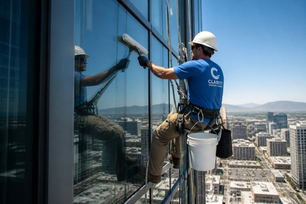 Professional window cleaner suspended on safety harness cleaning exterior glass panels of high-rise office building, safety equipment visible, clear daytime lighting