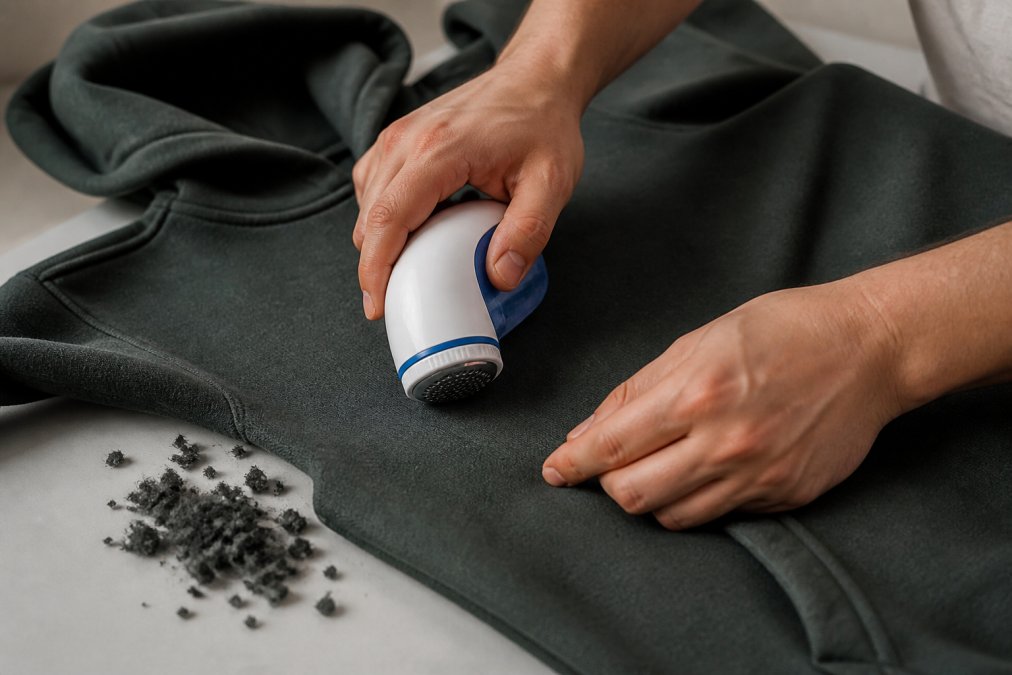 Hands using a fabric shaver to remove lint and pills from the surface of a thick cotton hoodie laid flat on a table, small fiber fuzz collected beside it