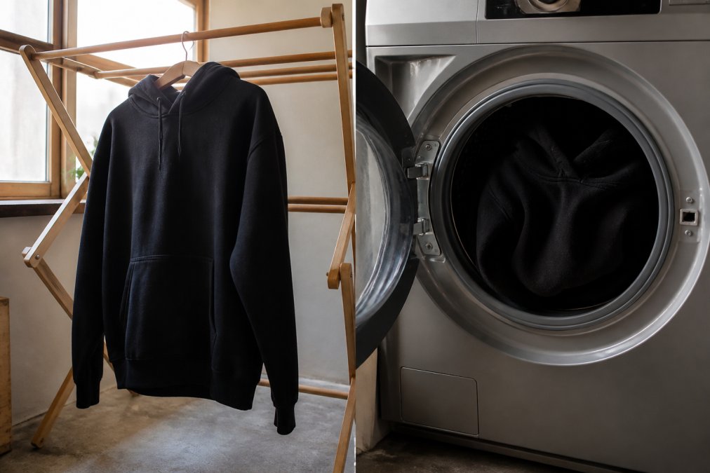 A heavyweight black hoodie hanging on a wooden drying rack in a well-lit room, natural light coming from a nearby window, showing the fabric texture and relaxed fit