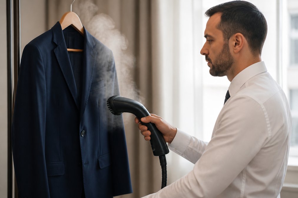 Professional holding a handheld garment steamer positioned 6-8 inches from a navy wool suit jacket hanging on a wooden hanger, steam visibly rising, natural window lighting illuminating the fabric