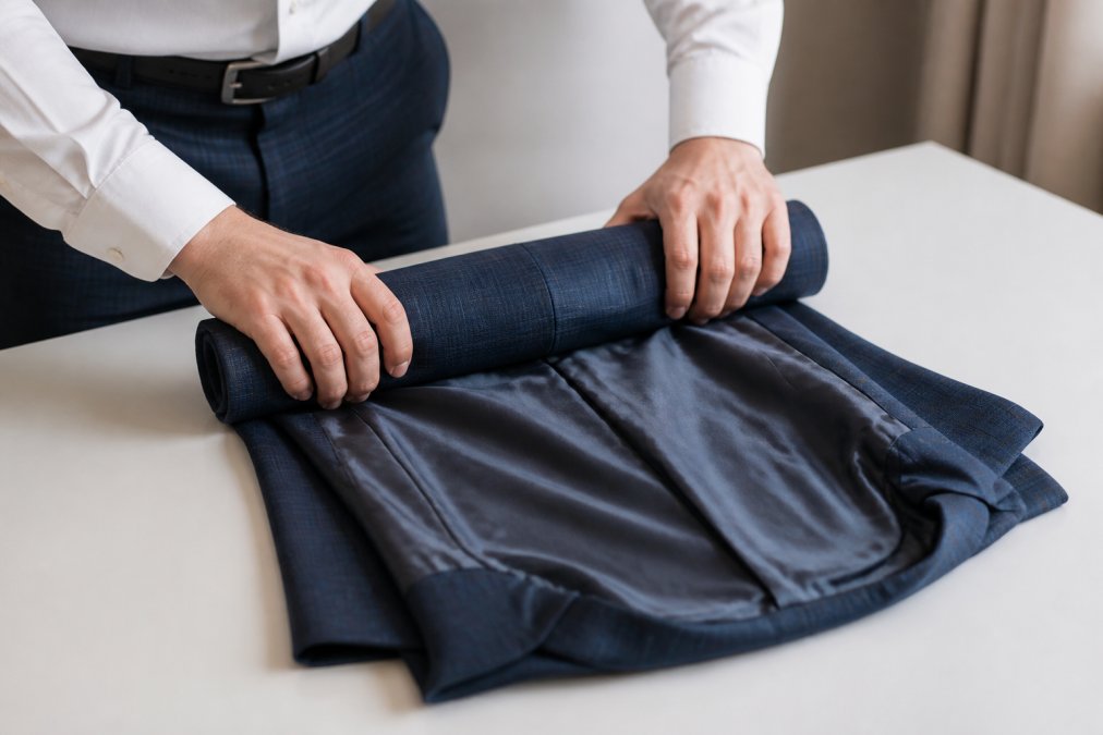 Hands carefully folding a suit jacket using the roll method on a clean white surface, showing the jacket being rolled from collar toward hem with the lining visible