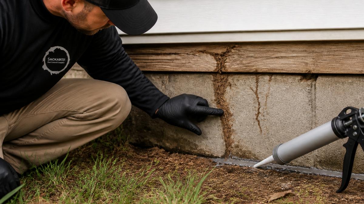Professional homeowner examining foundation wall and sill plate for mud tubes and wood-to-soil contact, checking for termite entry points with close-up detail of hands and wall surface