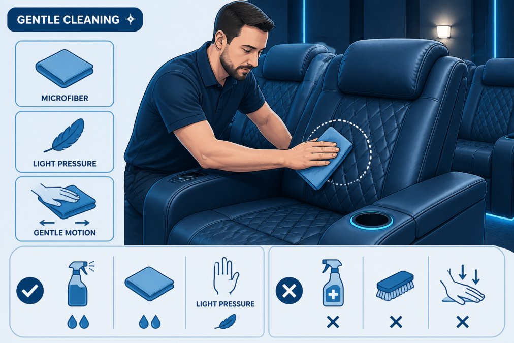 Professional demonstrating gentle cleaning technique on luxury theater seating with microfiber cloth, showing proper pressure and motion on faux leather surface in home theater lighting
