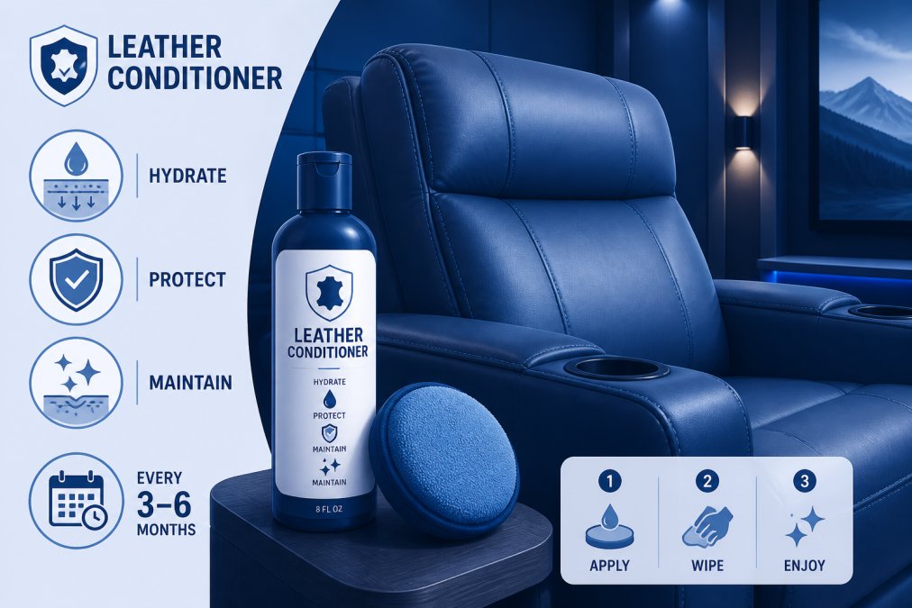 Leather conditioner bottle and applicator pad positioned next to well-maintained theater seat, showing proper application setup in sophisticated home theater environment with warm ambient lighting