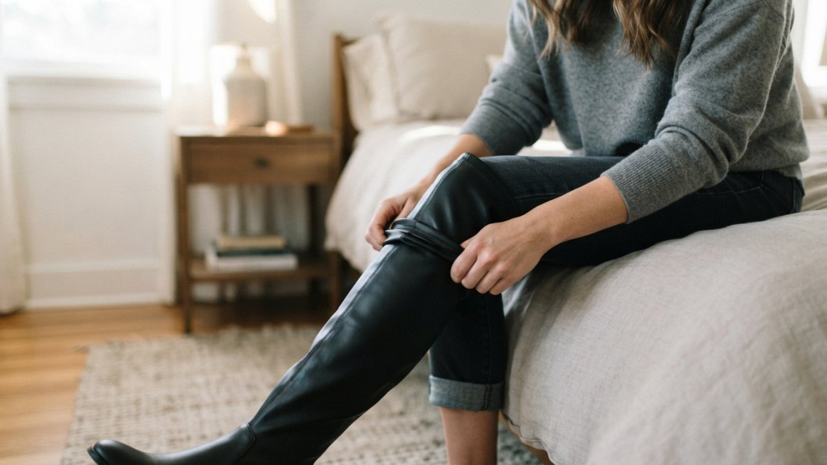 Woman sitting on a bed carefully rolling a black thigh-high sleeve up her leg for a smooth and secure fit