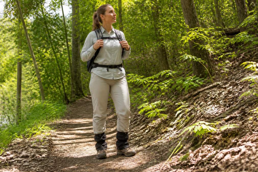 Hiker on a woodland trail wearing light-colored long sleeves, long pants tucked into hiking boots with gaiters visible, demonstrating proper tick-prevention clothing setup on a sunny morning