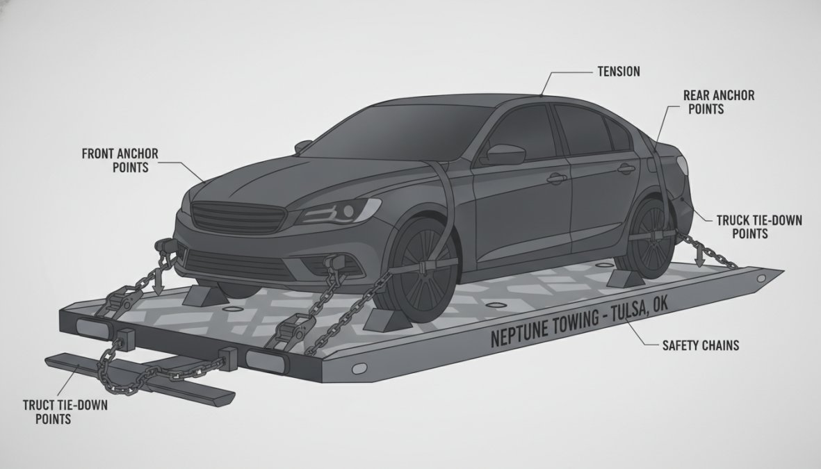 Close-up of a vehicle properly secured to a flatbed tow truck with reinforced nylon straps attached to designated tow points, showing correct anchor placement and even tension distribution