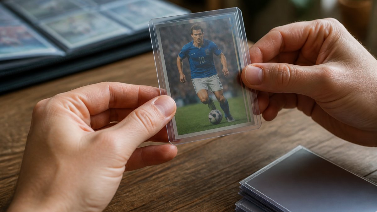Close-up of hands holding a sleeved trading card with clean dry fingers, demonstrating proper grip technique over a flat surface with natural lighting