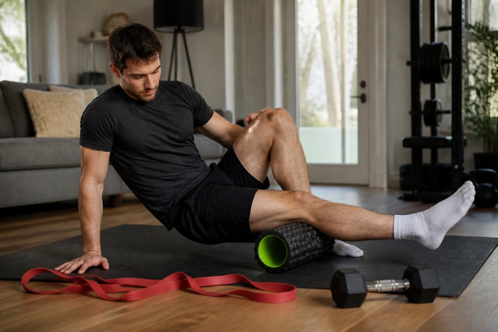 Fitness enthusiast using resistance bands and foam roller for mobility work, demonstrating joint stability exercises in a home gym with natural lighting