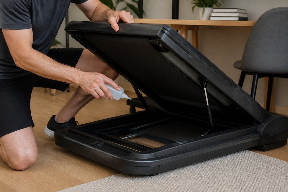 Person applying lubricant to treadmill belt with applicator bottle, demonstrating proper maintenance technique on a folded treadmill in a home office setting