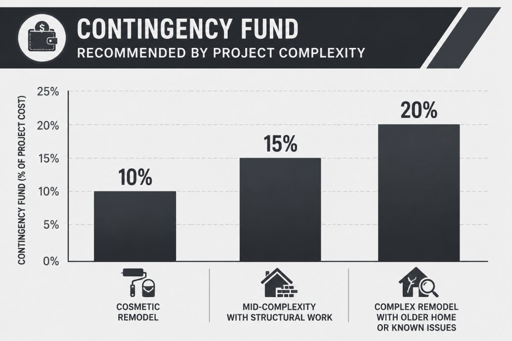 Bar chart showing recommended contingency fund percentages by project complexity: cosmetic remodel 10%, mid-complexity with structural work 15%, complex remodel with older home or known issues 20%