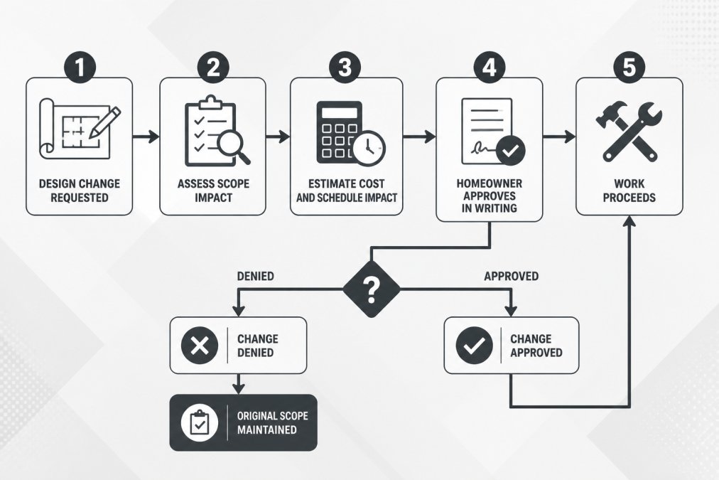 Flowchart showing change order decision process: design change requested → assess scope impact → estimate cost and schedule impact → homeowner approves in writing → work proceeds; branch showing change denied, original scope maintained