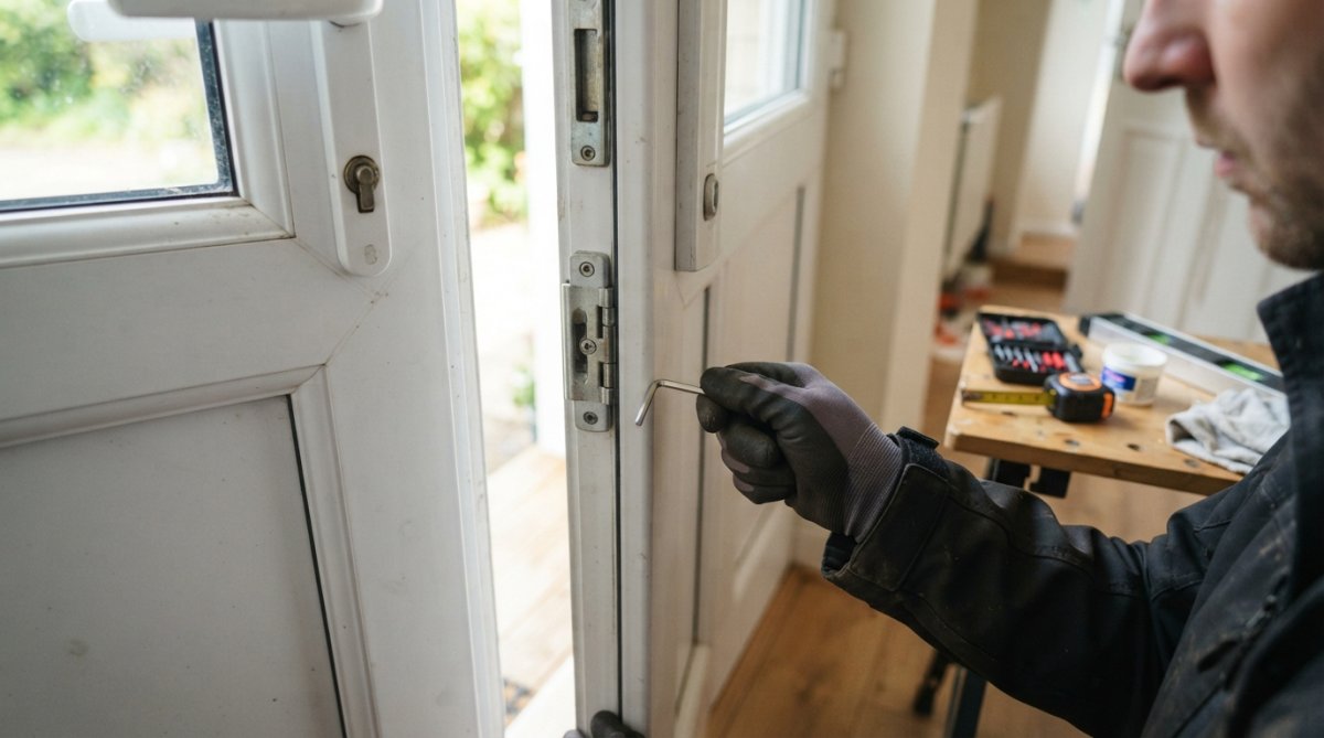 Close-up of a person using an Allen key to adjust the hinge on a white uPVC door, door slightly open with daylight visible through the gap