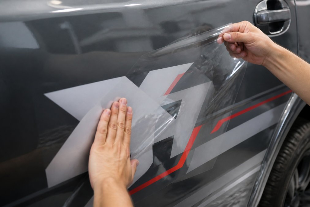 Close-up of hands applying clear protective laminate coating to a vinyl decal on a vehicle surface, showing the transparent protective layer being smoothed into place