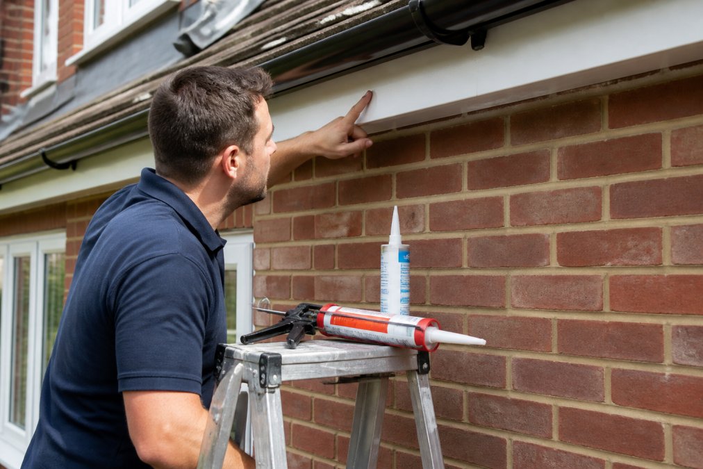 A person on a ladder inspecting the eaves of a British brick house, pointing at a small gap under the roofline, with a tube of sealant and a caulking gun resting on the ladder platform