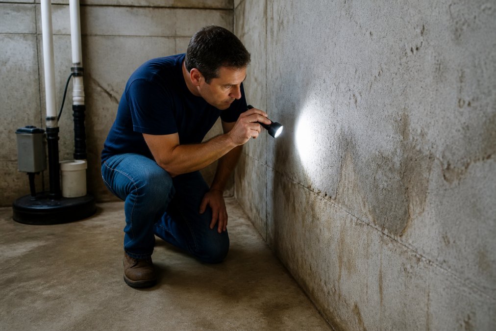A homeowner in a dry basement inspecting a concrete wall for moisture with a flashlight, a sump pump visible in the background