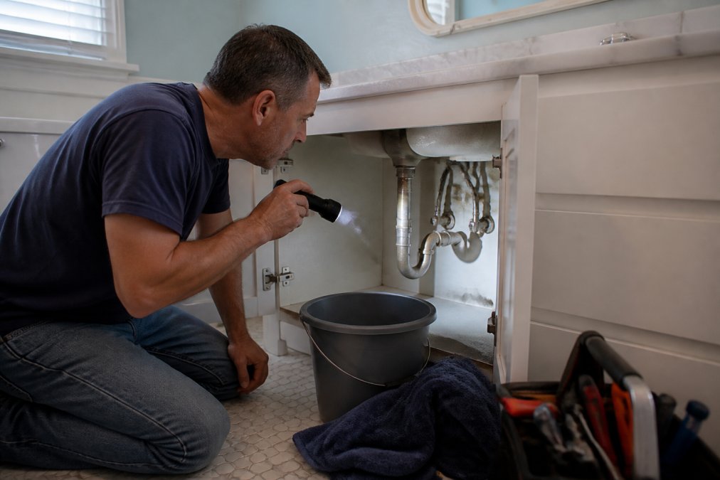 Homeowner using a flashlight to check bathroom pipes to learn how to prevent water damage in older homes