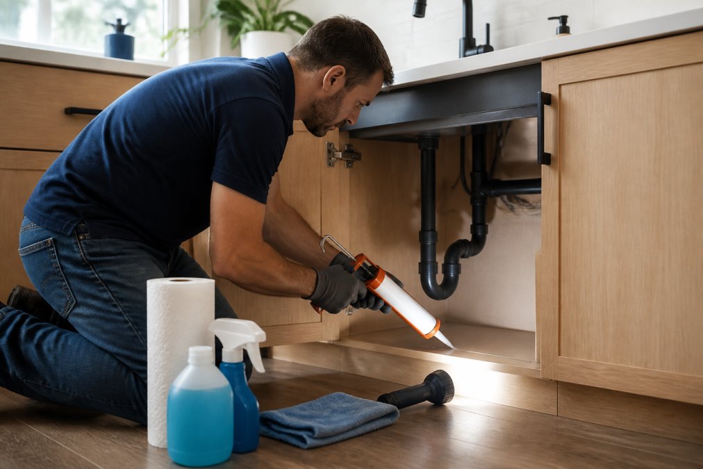 Applying silicone sealant along the floor edge of an under-sink cabinet