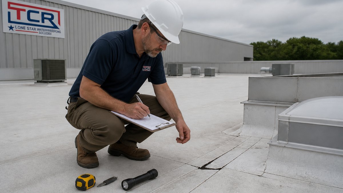 Professional roofing technician standing on a flat commercial roof examining the membrane surface with a clipboard, inspection tools and flashlight nearby, checking seams and flashing details