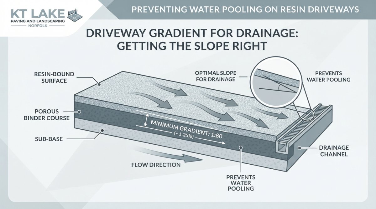 Professional illustration showing how to prevent water pooling on resin driveways