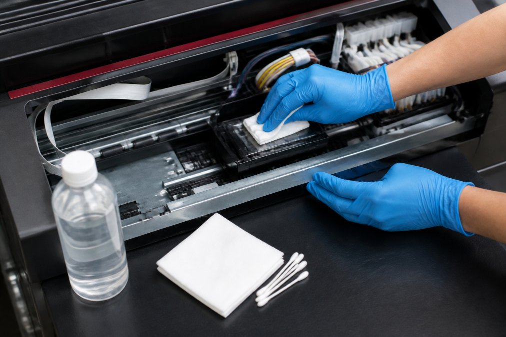 Close-up of a gloved hand using a lint-free wipe to gently clean the printhead area of an open DTF printer, with a bottle of cleaning solution nearby on the workbench