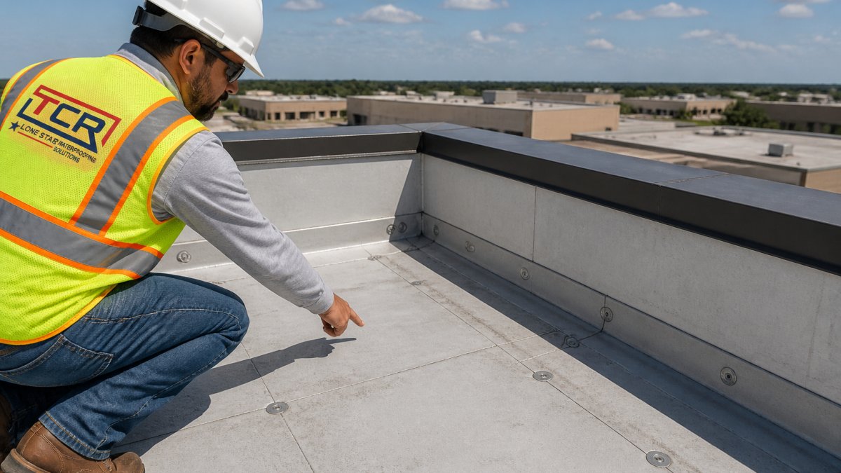 Diagram showing how to prevent wind uplift on flat roofs by inspecting perimeter seams and edge flashing.