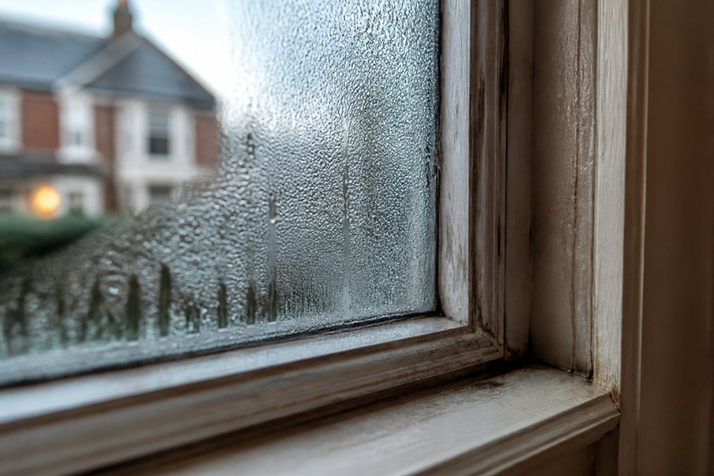 Close-up of heavy condensation droplets on the inside of a single-glazed timber window frame in a UK home on a cold winter morning, with visible moisture running down the glass