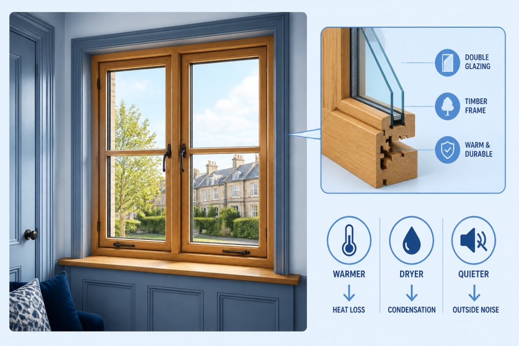 A freshly installed timber double-glazed window in a period UK home, showing the warm oak frame detail and clear glass with no condensation, bright natural light coming through