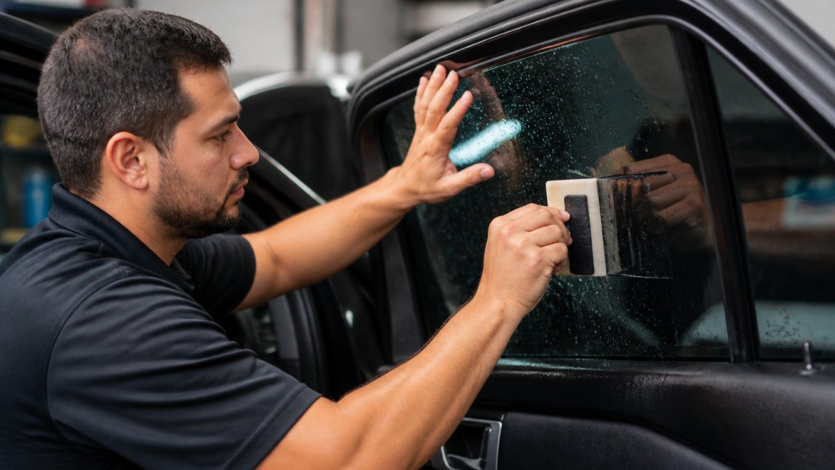 Technician using a squeegee to prevent window tint bubbling by smoothing air bubbles on a car window.