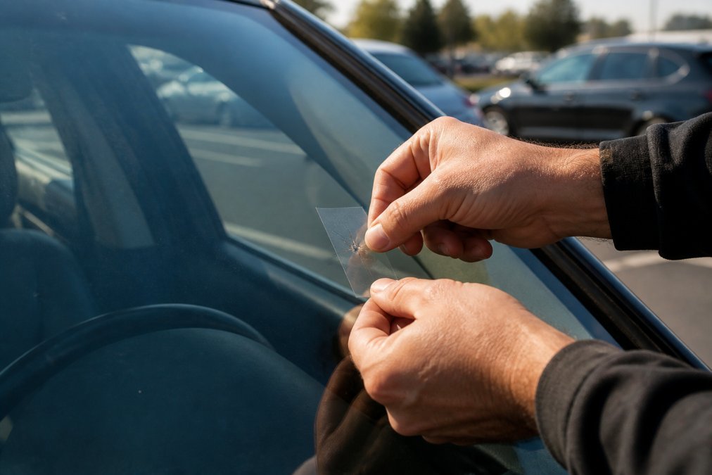 Close-up of a person's hands carefully applying clear adhesive tape over a star break crack on a car windshield in a parking lot, afternoon sunlight casting shadows across the glass