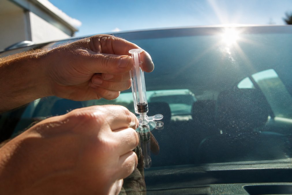 Hands holding a windshield repair kit with a clear resin injector positioned over a bullseye chip on a car windshield, bright sunlight visible through the glass from the exterior
