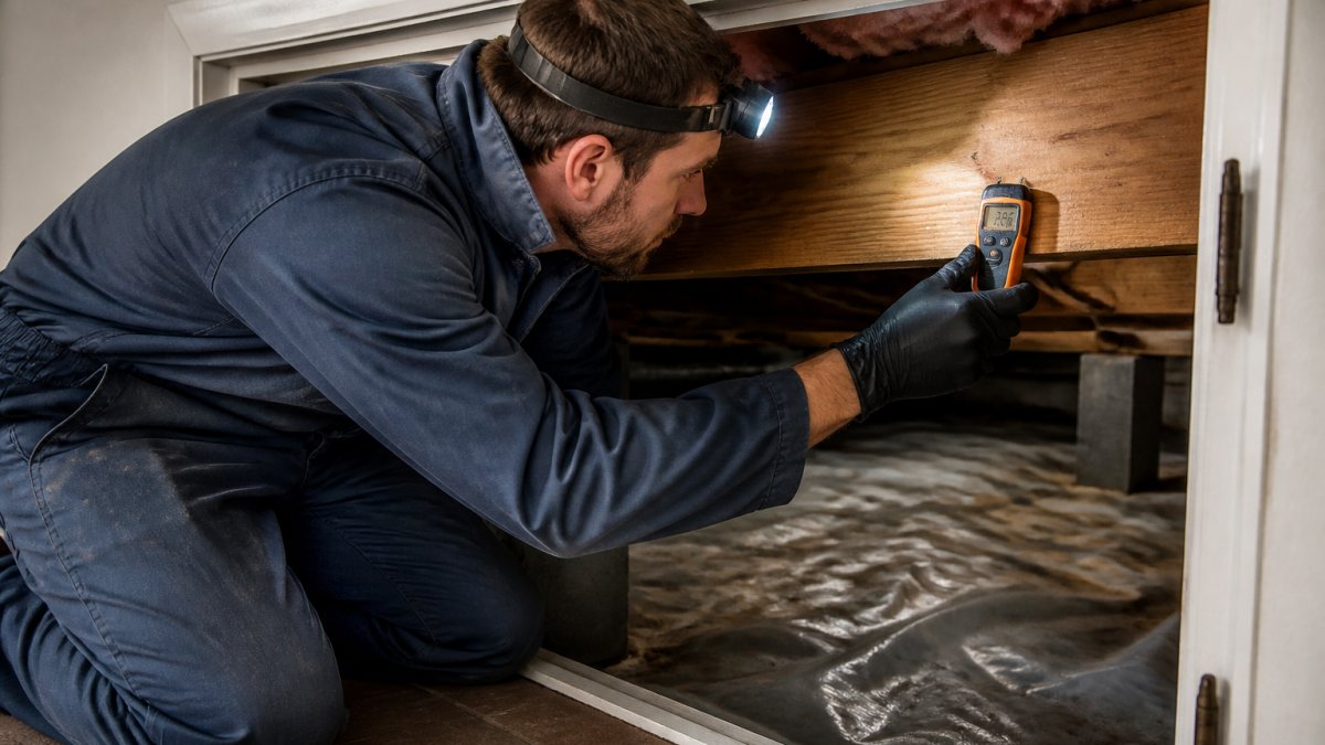 A homeowner in work clothes and a headlamp crouching at a crawl space access door, holding a moisture meter against a floor joist, plastic sheeting visible on the ground behind them