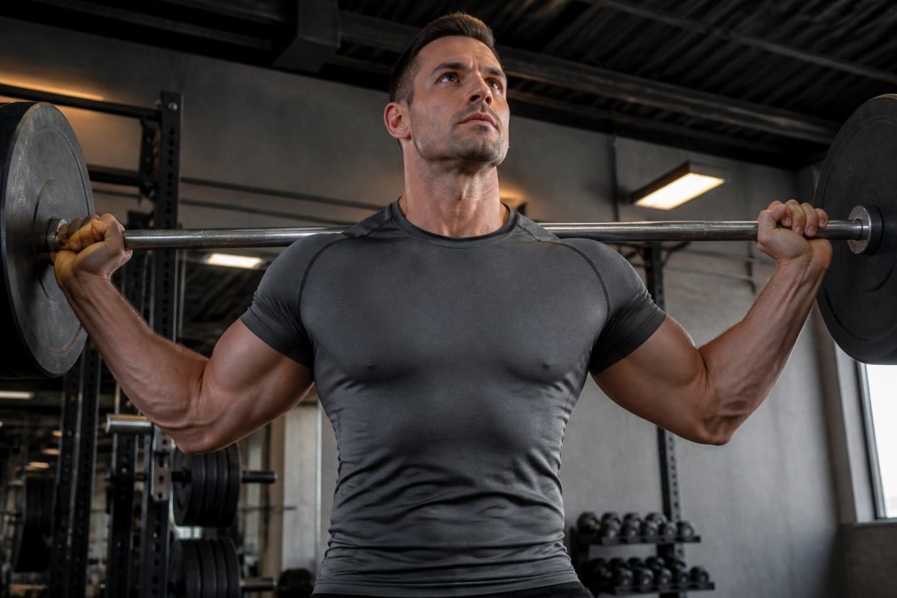 Athlete wearing a fitted, seamless performance shirt during an intense lifting session, demonstrating proper fit across shoulders and torso with no visible bunching, wrinkles, or loose fabric shifting during movement