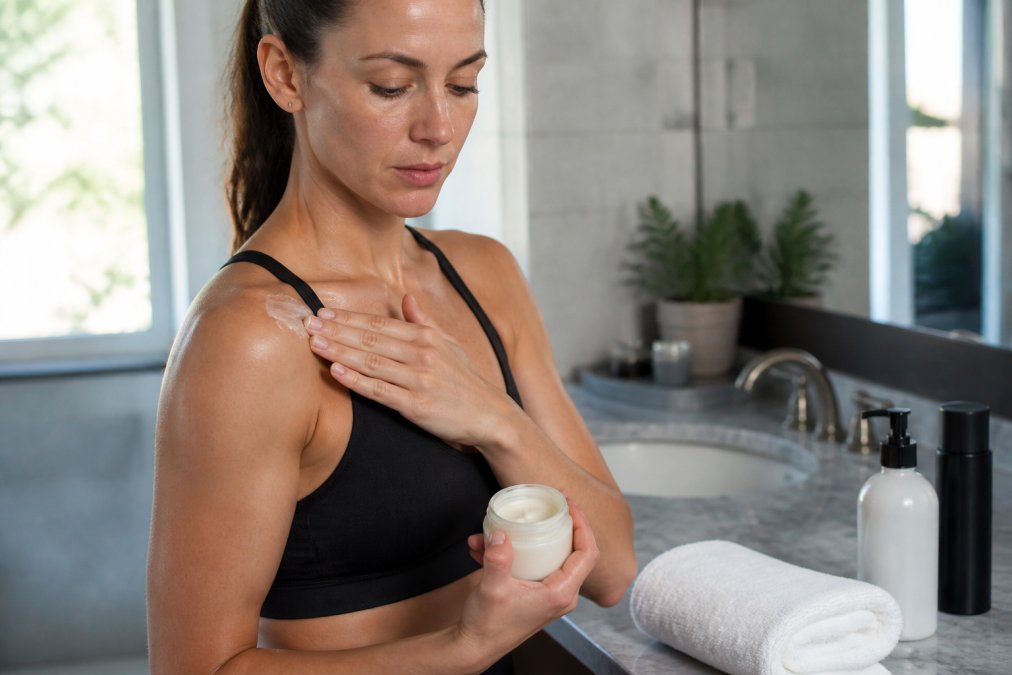Person applying soothing anti-chafe balm to shoulder and chest area after a workout, with clean towel and skincare products visible on bathroom counter in natural lighting