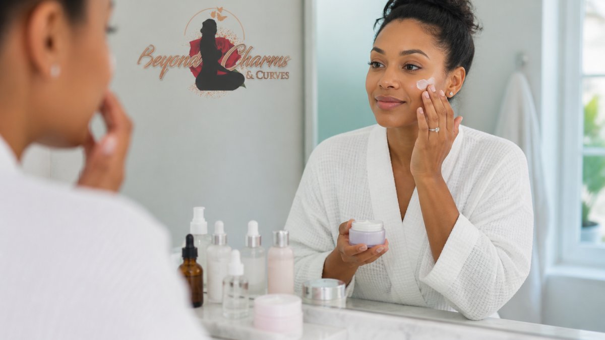 A woman in her 30s applying moisturizer in a bright bathroom, with skincare products arranged neatly on the counter