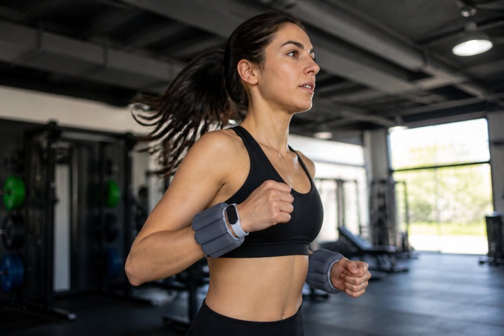 Athlete performing a cardio exercise with weighted wrist bands securely fitted, showing stable band position during dynamic movement with proper strap tension