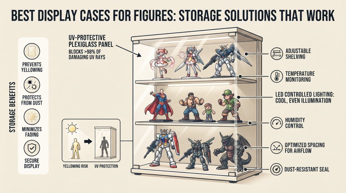 Close-up of a well-organized display case with UV-protective plexiglass showing collectible anime figures and action figures arranged on shelves with controlled warm lighting and minimal shadows