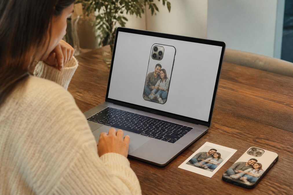 Diagram illustrating the process of previewing a custom phone case design on a laptop screen