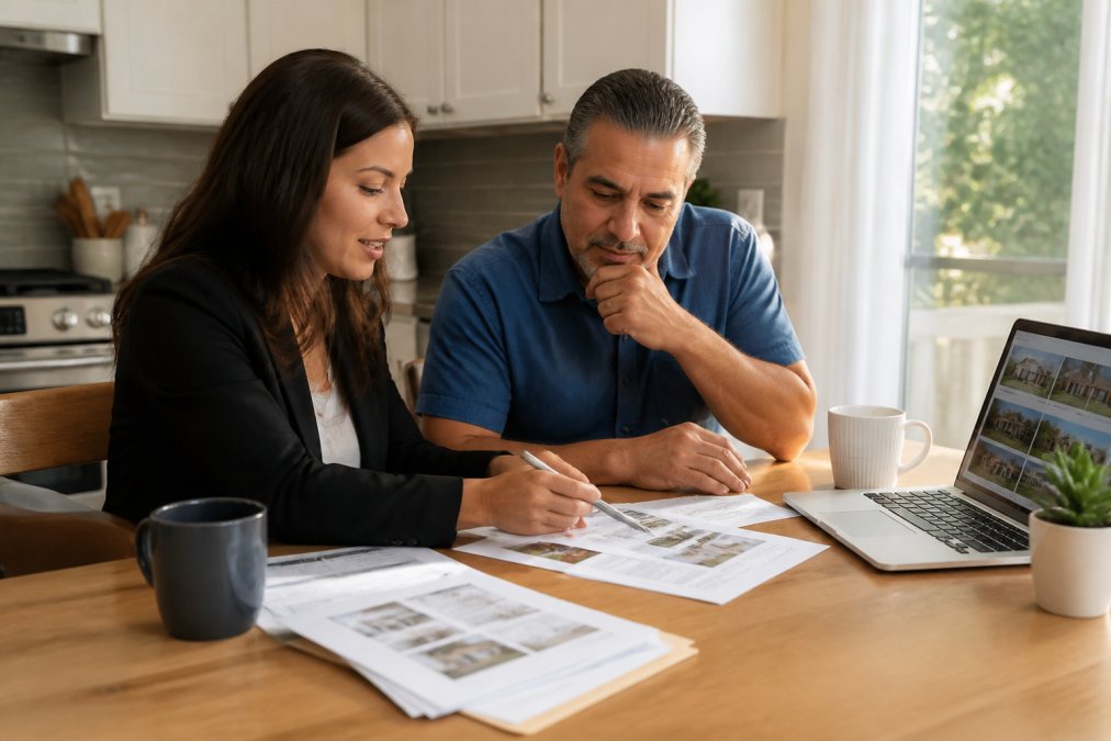 A real estate agent and homeowner sitting at a kitchen table, reviewing printed property comps and a laptop showing recent home listings, warm afternoon light coming through a window