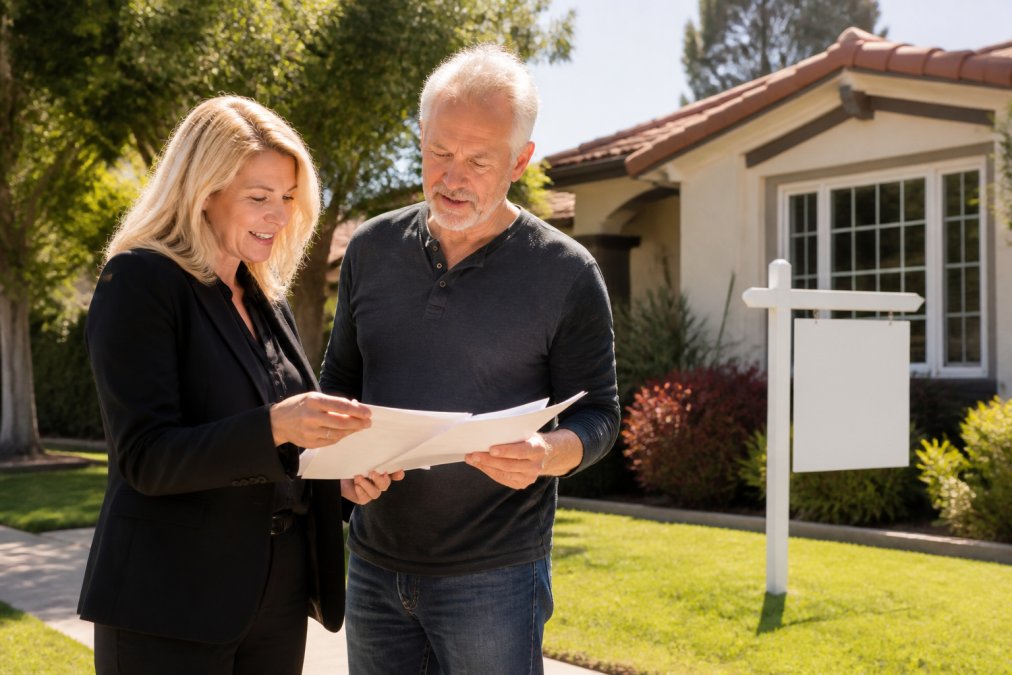 A homeowner and real estate agent standing outside a well-maintained house with a for-sale sign on the lawn, reviewing paperwork together in bright afternoon sunlight