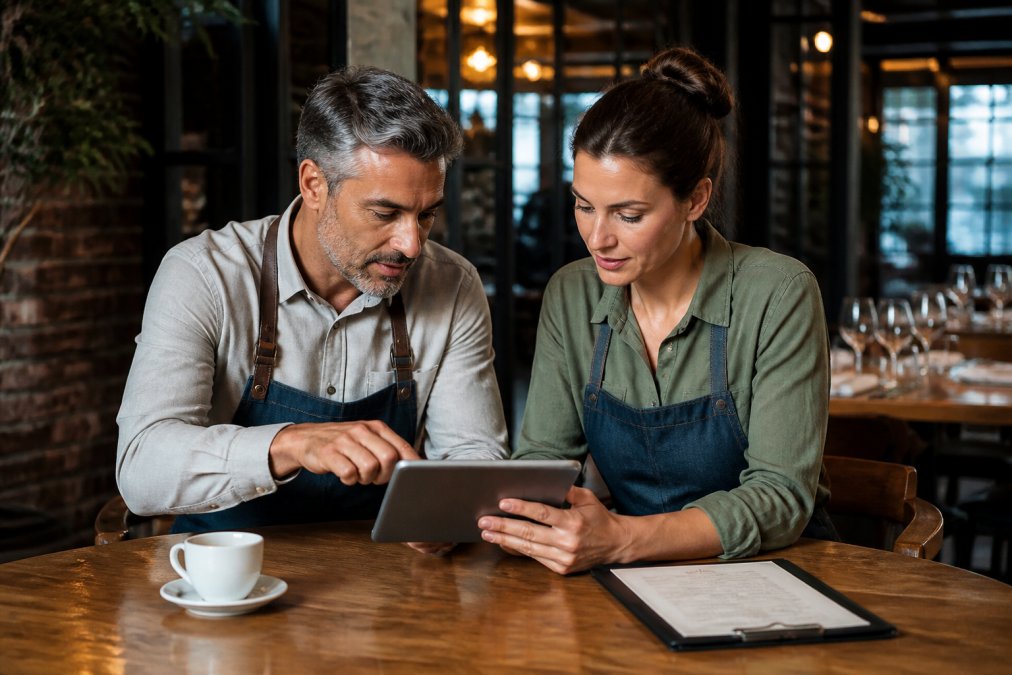 A restaurant owner and manager reviewing a financial spreadsheet on a tablet at a wooden table inside their dining room, with a coffee cup and menu nearby