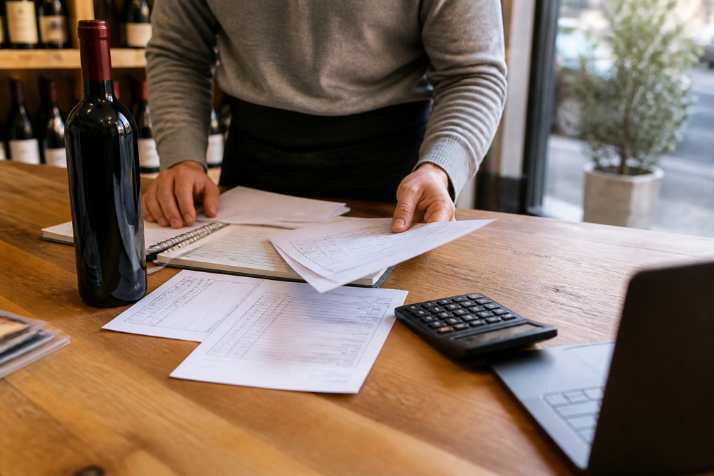 A wine shop owner's hands sorting through shipping invoices and customs paperwork on a wooden counter, with a bottle of Portuguese red wine and a calculator beside a laptop, soft daylight from a shop window