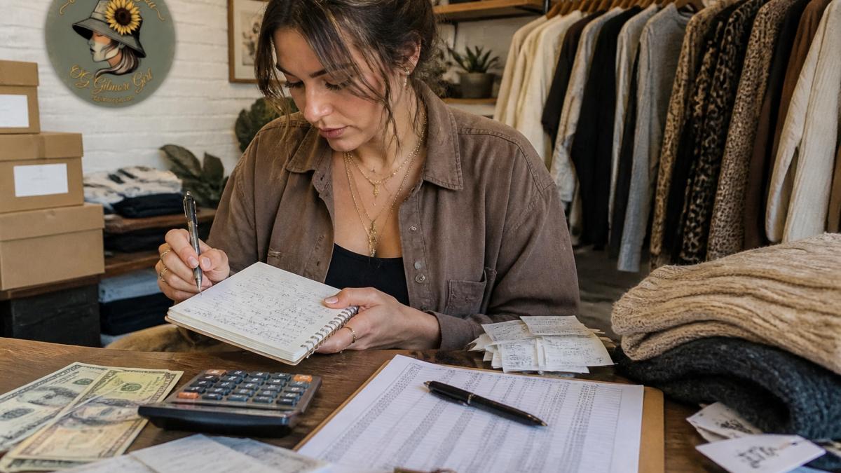 Boutique owner reviewing clothing price tags and taking notes on inventory strategy