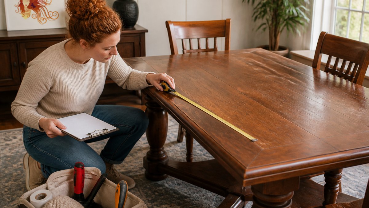 A person kneeling beside a large wooden dining table in a bright home, holding a tape measure and clipboard, inspecting the tabletop for wear and scratches