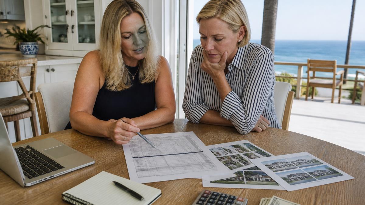 A real estate agent and a homeowner reviewing a printed pricing worksheet and market data at a dining table in a bright coastal home, with a laptop and notepad nearby