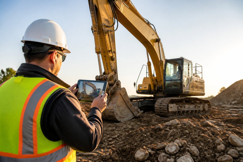 Equipment broker photographing heavy excavator on job site using tablet to document condition and specifications, morning sunlight
