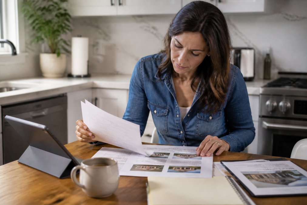 Homeowner reviewing property documents and comparable sales printouts at a kitchen table with a cup of coffee, papers and tablet spread out in natural morning light