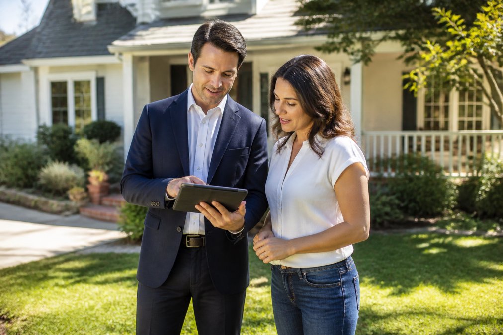 Real estate professional and homeowner discussing pricing strategy in front of a home's exterior, reviewing notes on a tablet with the home's features visible in afternoon sunlight