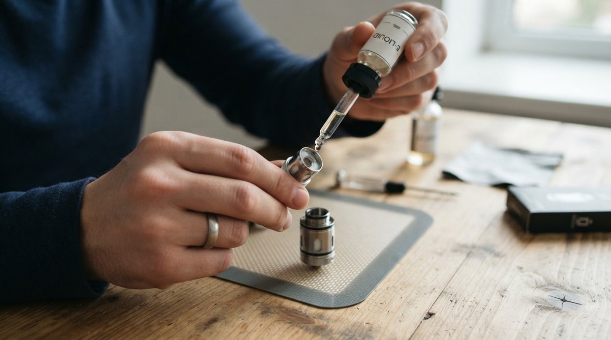 Close-up of hands carefully dripping e-liquid onto the exposed cotton wick ports of a replacement coil head, with the coil held at an angle over a small vape tank