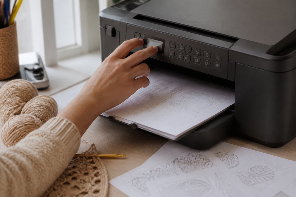 Close-up of hands adjusting printer settings on a desktop computer, with a crochet pattern PDF visible on the monitor and printed samples on the desk nearby